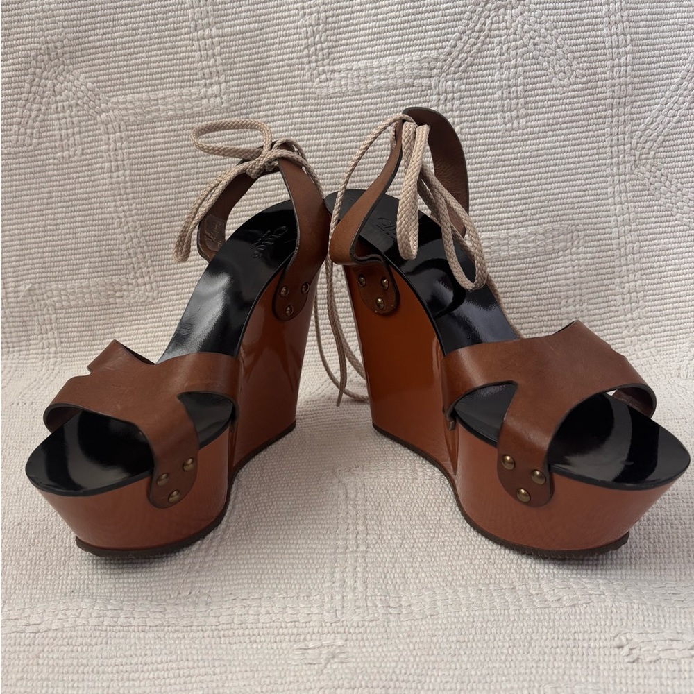 Chloe Tan and Black Wedge Sandals